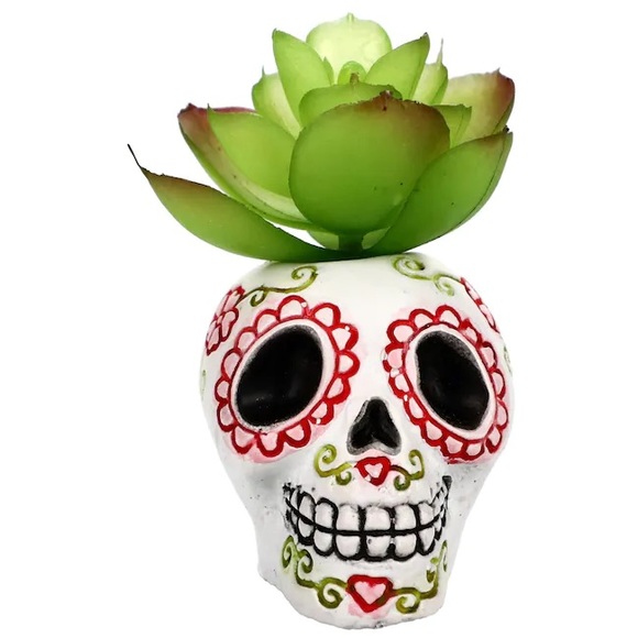 Day Of The Dead Desktop Ceramic Sugar Skull Artifical Succulent Plant Figure - Picture 3 of 11